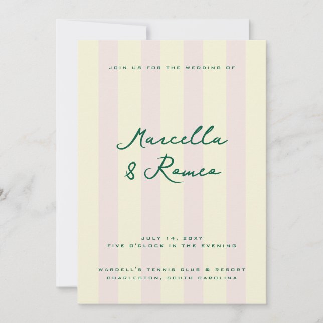 Convite Clube de Tênis com Listras Verticais Rosa e Amarel (Frente)