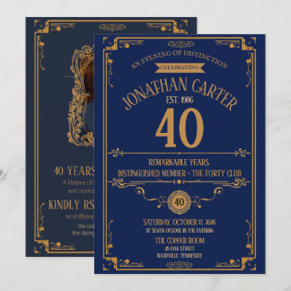 Convite Clube dos Quarenta Distintos Navy Dourado 40º Aniv
