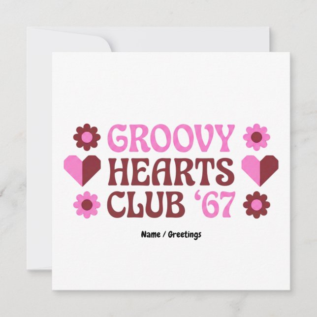 Convite Clube Retro Groovy Hearts '67 Rosa Marrom do Dia d (Frente)