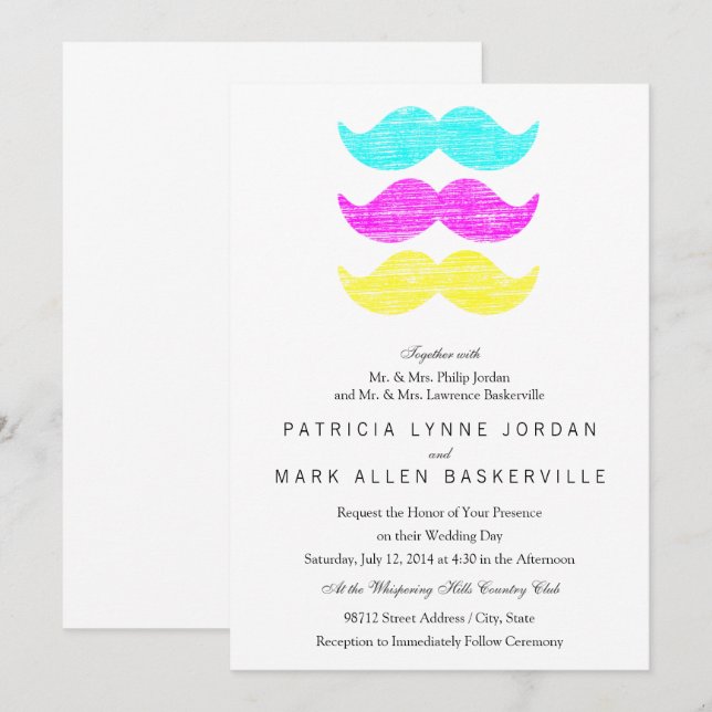 Convite CMY Mustaches (estilo letterpress) (Frente/Verso)