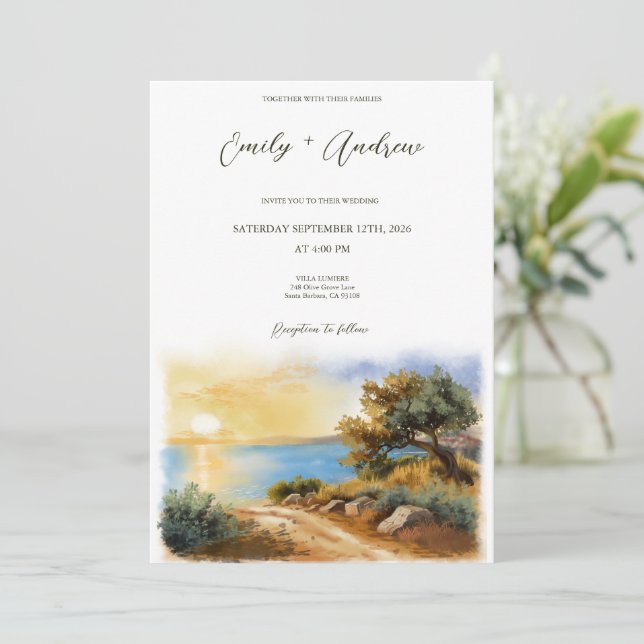 Convite Coast Watercolor Sunset Mediterranean Half Wedding (Em pé/Frente)