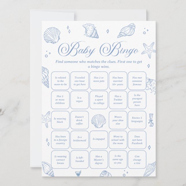 Convite Coastal Baby Shower Find the Guest Bingo Game Card (Frente)