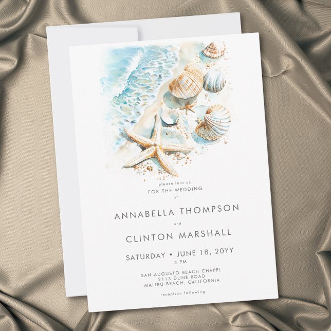 Convite Coastal Beach Shell Modern Watercolor Wedding (Coastal Beach Shell Modern Watercolor Wedding Invitation)