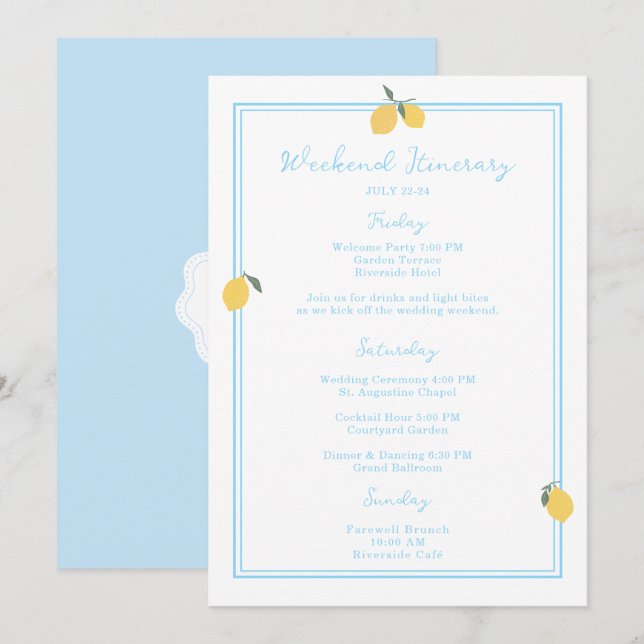 Convite Coastal Blue Lemon Amalfi Wedding Itinerary Card (Frente/Verso)