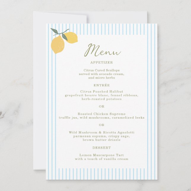 Convite Coastal Blue Lemon Amalfi Wedding Menu Card (Frente)