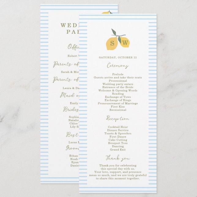 Convite Coastal Blue Lemon Amalfi Wedding Program Card (Frente/Verso)