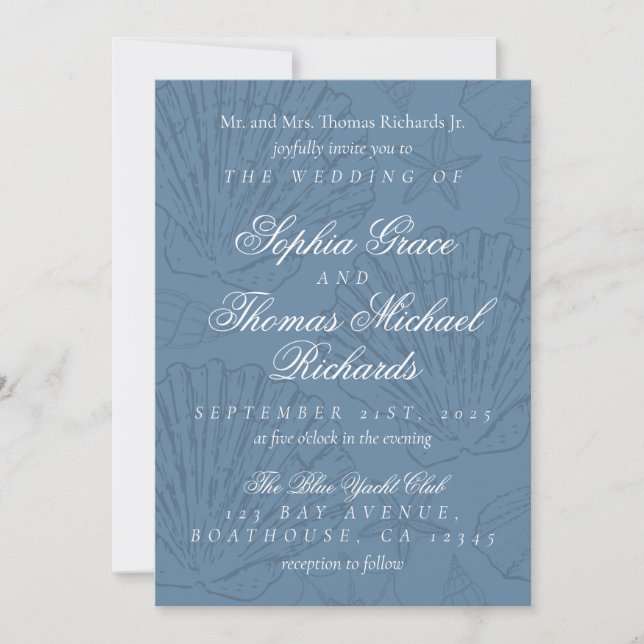 Convite Coastal Blue Shell Destination Wedding (Frente)
