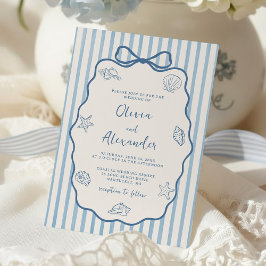 Convite Coastal Blue Stripe Whimsical Hand Drawn Wedding