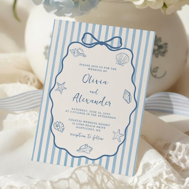 Convite Coastal Blue Stripe Whimsical Hand Drawn Wedding (Criador carregado)