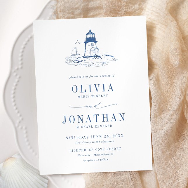 Convite Coastal Blue Toile Lighthouse Wedding (Criador carregado)