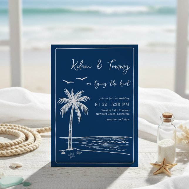 Convite Coastal Blues Palm Tree Beach Wedding  (Criador carregado)
