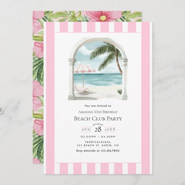 Convite Coastal Chic Beach Club Birthday Party (Frente/Verso)