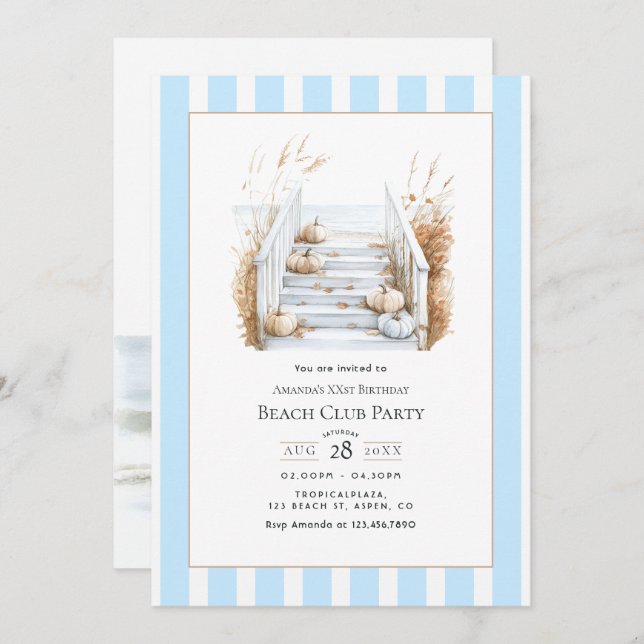 Convite Coastal Chic Fall Beach Club Birthday Party (Frente/Verso)