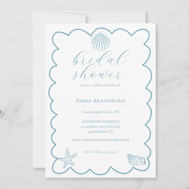 Convite Coastal Doodle Blue White Bridal Shower  (Frente)