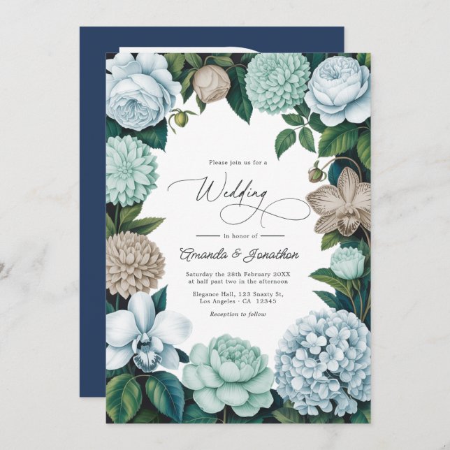 Convite Coastal Fog/Seafoam Tint & Driftwood Beige Wedding (Frente/Verso)