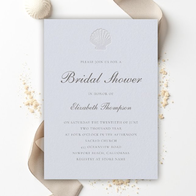 Convite Coastal Nautical Shell Formal Blue Bridal Shower (coastal bridal shower invitation formal modern classic elegant script shell blue nautical ocean boat)