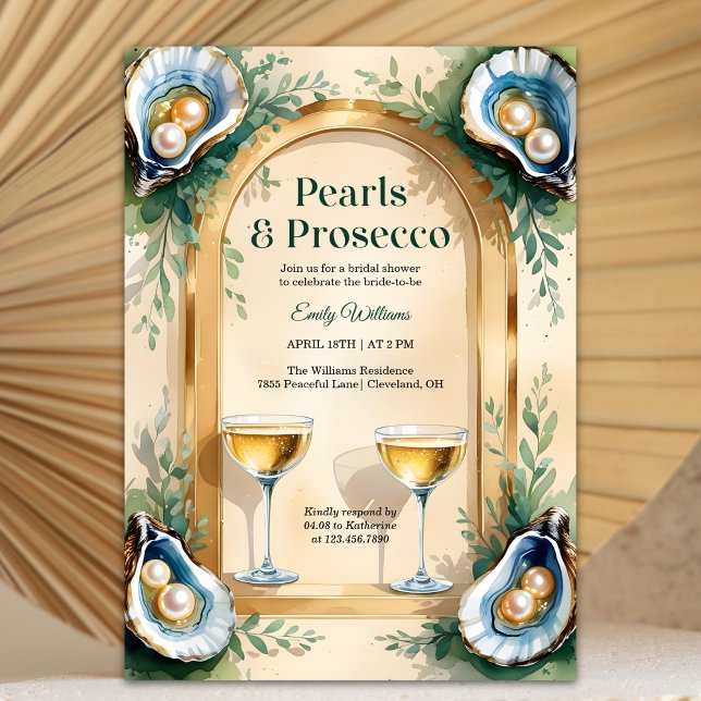 Convite Coastal Oyster Pearls & Prosecco Bridal Shower (Pearls & Prosecco Bridal Shower – Coastal Oyster, Champagne Coupes, Gold Arch, Personalized)