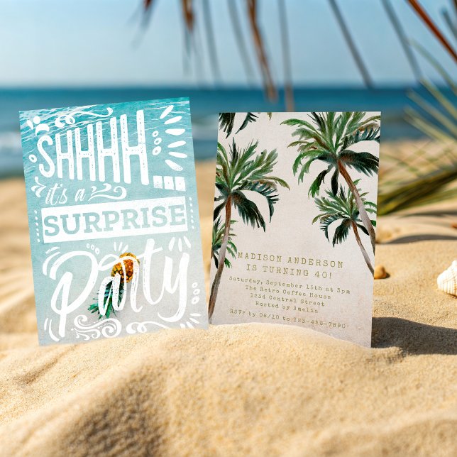 Convite Coastal Palm Trees Surprise Party Beach Birthday (Criador carregado)