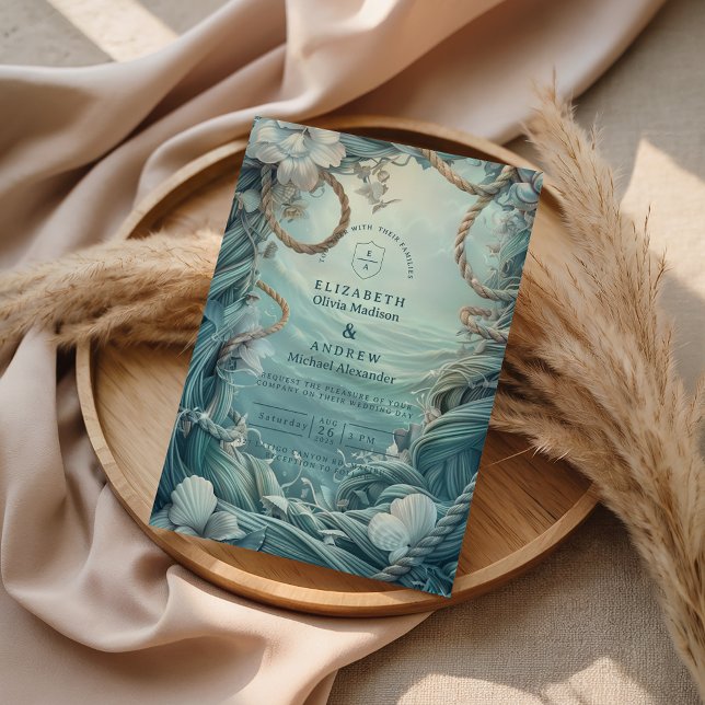 Convite Coastal Rope Botanical Ocean Wedding (Criador carregado)