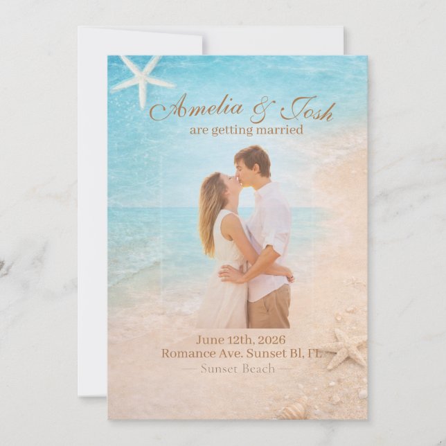 Convite Coastal Sand & Sea Starfish wedding invitation (Frente)