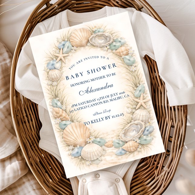 Convite Coastal Seashell Wreath Baby Shower (Criador carregado)