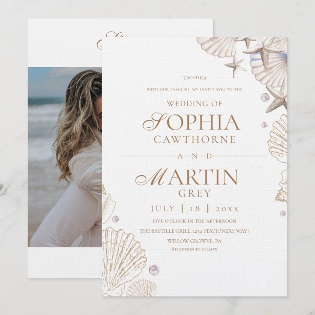 Convite Coastal Seashells Beach Wedding Photo (Frente/Verso)