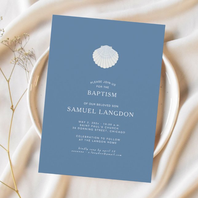 Convite Coastal shell blue Christian baptism Invitation (Criador carregado)