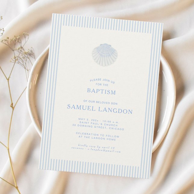 Convite Coastal shell blue striped baptism Invitation (Criador carregado)