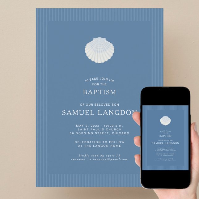 Convite Coastal shell blue striped baptism Invitation (Criador carregado)