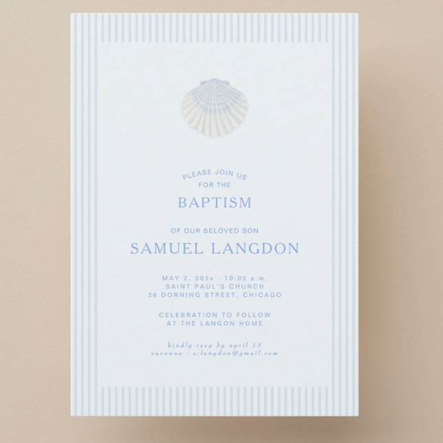 Convite Coastal shell blue striped baptism Invitation (Criador carregado)