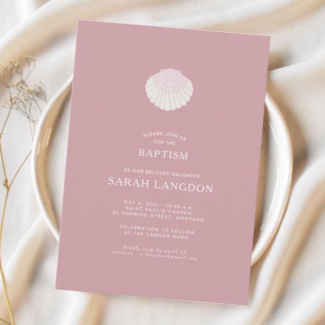 Convite Coastal shell dusty pink baptism Invitation (Criador carregado)