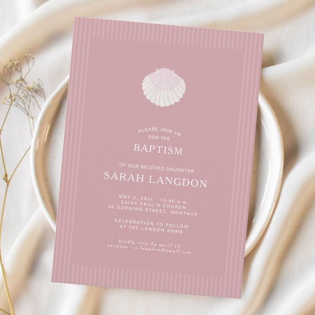 Convite Coastal shell dusty pink striped baptism Invitatio (Criador carregado)