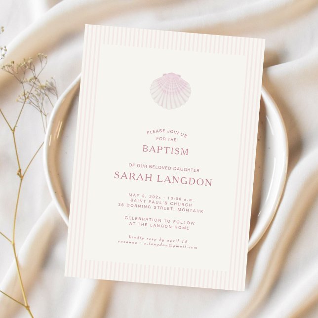 Convite Coastal shell pink striped baptism Invitation (Criador carregado)