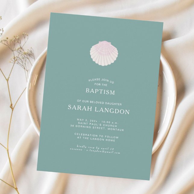 Convite Coastal shell sage green pink baptism Invitation (Criador carregado)