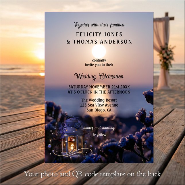 Convite Coastal Sunset Winter Wedding Invitation (Wedding invitation featuring a sunset at the ocean with a festive lantern with sparkling lights)