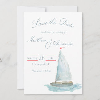 Convite Coastal Watercolor Sailboat Save the Date