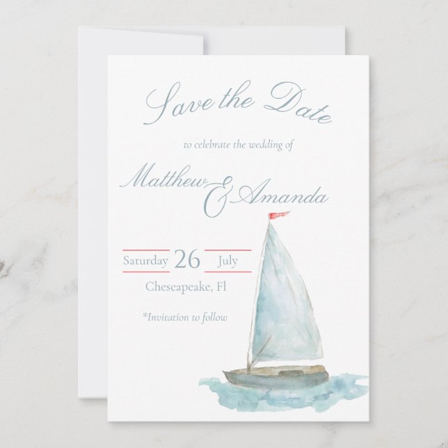 Convite Coastal Watercolor Sailboat Save the Date (Frente)