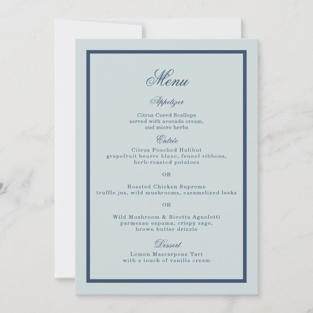 Convite Coastal Wedding Dusty Blue Classic Menu Card (Frente)