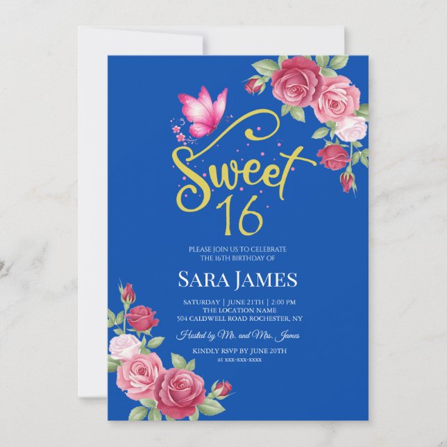 Convite Cobalt Blue and Pink Floral Sweet 16 Birthday (Frente)