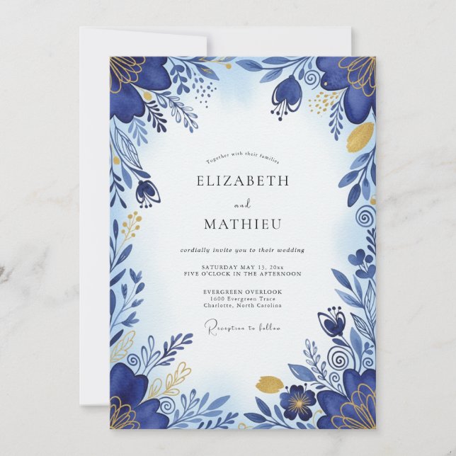 Convite Cobalt Blue Brilliant Botanical Wedding (Frente)