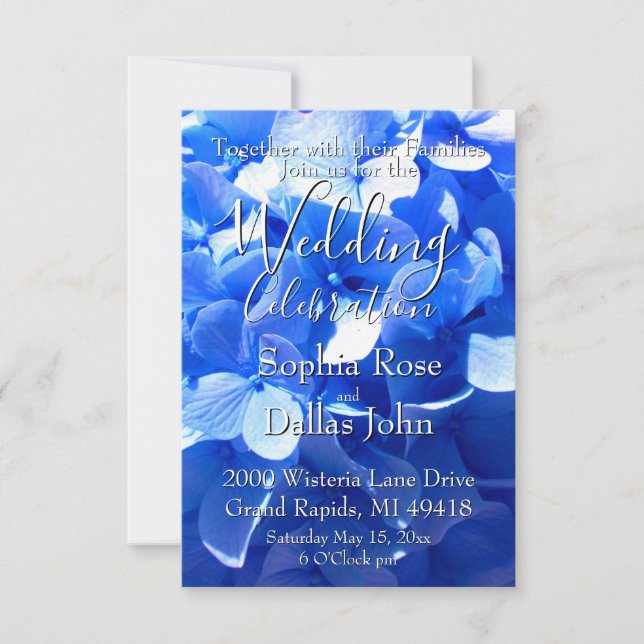 Convite Cobalt blue floral elegant blue hydrangeas Wedding (Frente)