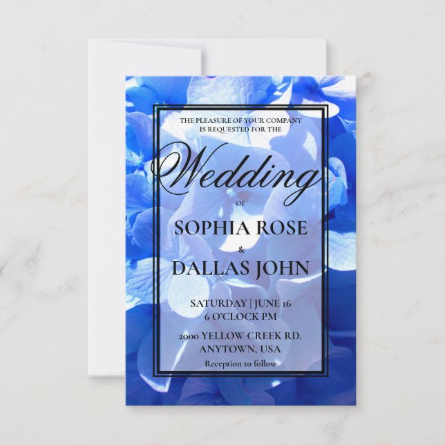Convite Cobalt blue floral elegant blue hydrangeas Wedding (Frente)