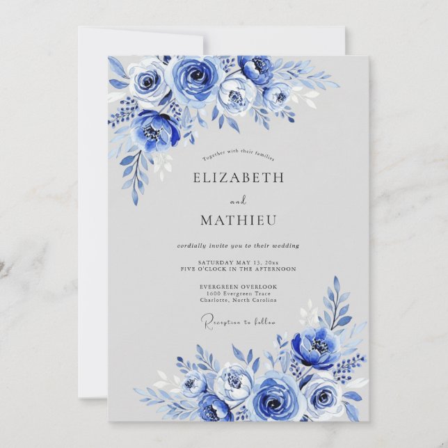 Convite Cobalt Blue Floral Whimsy Wedding (Frente)