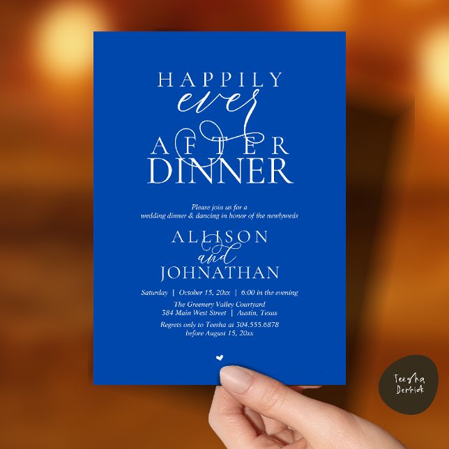 Convite Cobalt Blue Happily Ever After Dinner Wedding (Cobalt Blue Happily Ever After Dinner Modern Script Wedding Invitation Card)