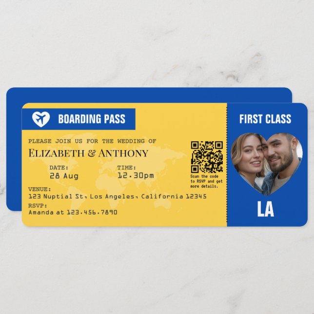 Convite Cobalt Blue & Lemon Yellow Boarding Pass Wedding (Frente/Verso)