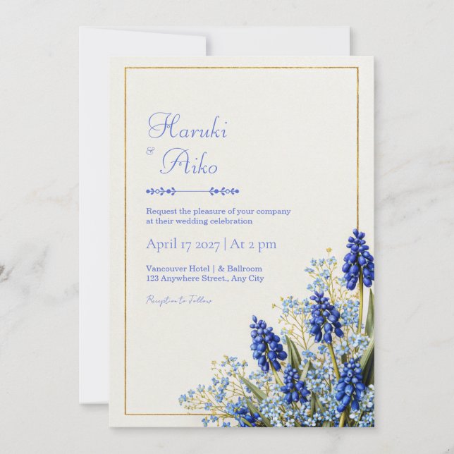 Convite Cobalt Blue Muscari Botanical Gold Frame Wedding (Frente)