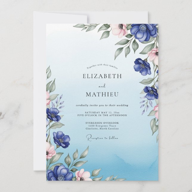 Convite Cobalt Blue Radiant Botanical Wedding (Frente)
