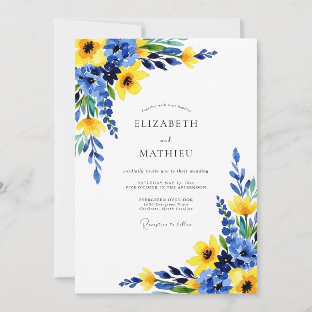Convite Cobalt Blue Sunny Botanical Wedding (Frente)