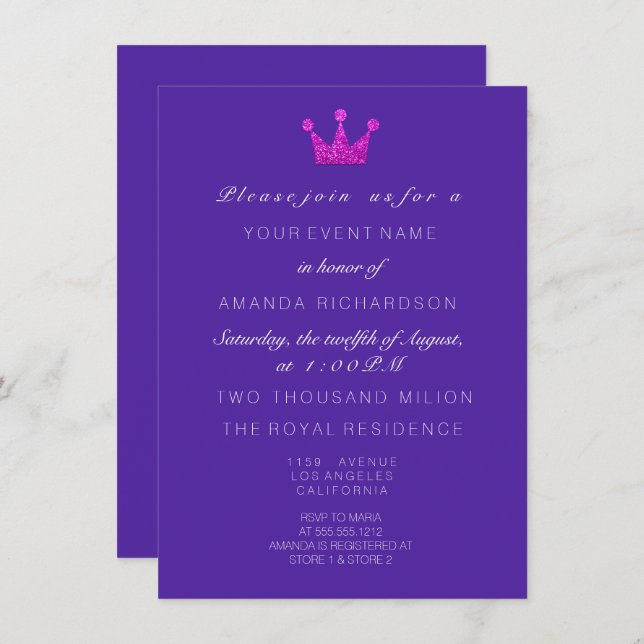 Convite Cobalto, roxo, rosaCoroaGlitter Real 16.ª Brida (Frente/Verso)