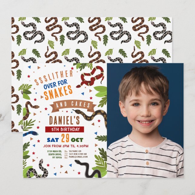 Convite Cobra Festa de aniversário Répteis Foto da Selva (Frente/Verso)